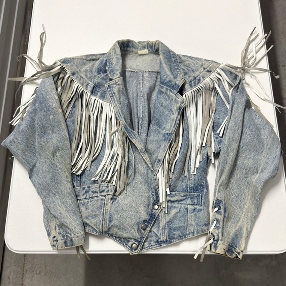 Vintage Jackets & Blazers - Vintage Acid Wash Denim Fringe Jacket Western 80s Boho Blue White Grey Leather